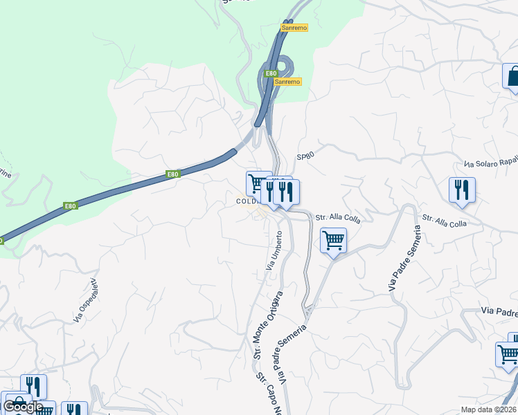 map of restaurants, bars, coffee shops, grocery stores, and more near 4 Piazza San Sebastiano in Sanremo