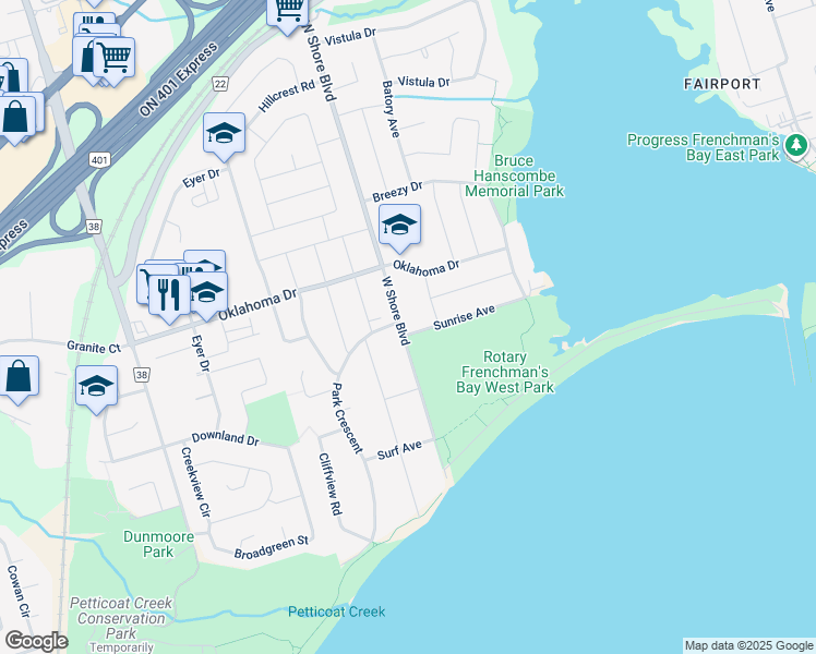 map of restaurants, bars, coffee shops, grocery stores, and more near 900 Sunrise Avenue in Pickering