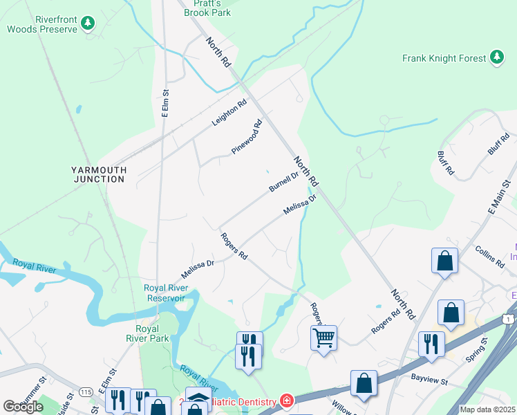 map of restaurants, bars, coffee shops, grocery stores, and more near 78 Burnell Drive in Yarmouth