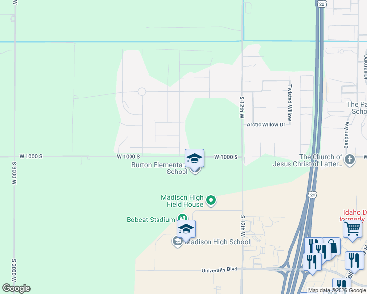 map of restaurants, bars, coffee shops, grocery stores, and more near 952 South 2275 West in Rexburg