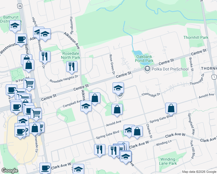 map of restaurants, bars, coffee shops, grocery stores, and more near 19 Braemar Court in Vaughan