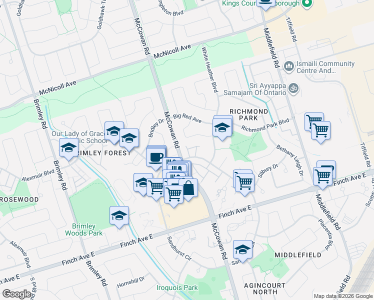 map of restaurants, bars, coffee shops, grocery stores, and more near 1180 Sandhurst Circle in Toronto
