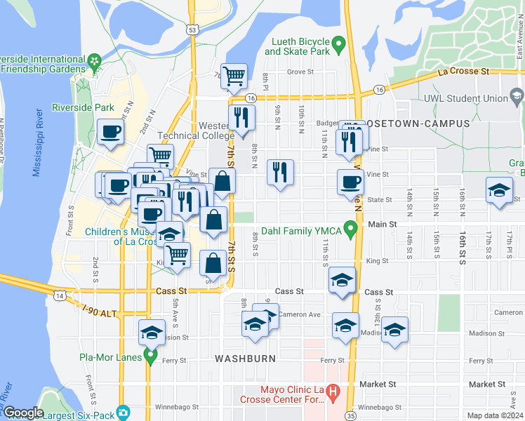 map of restaurants, bars, coffee shops, grocery stores, and more near 801 Main Street in La Crosse