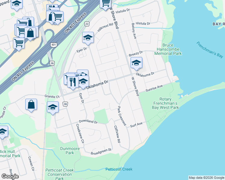 map of restaurants, bars, coffee shops, grocery stores, and more near 711 Hillview Crescent in Pickering