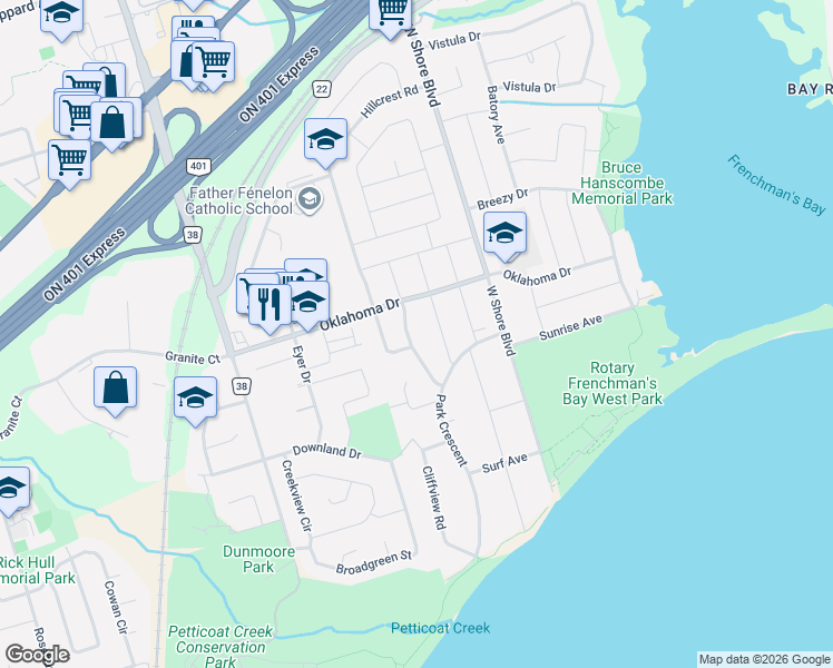 map of restaurants, bars, coffee shops, grocery stores, and more near 711 Hillview Crescent in Pickering
