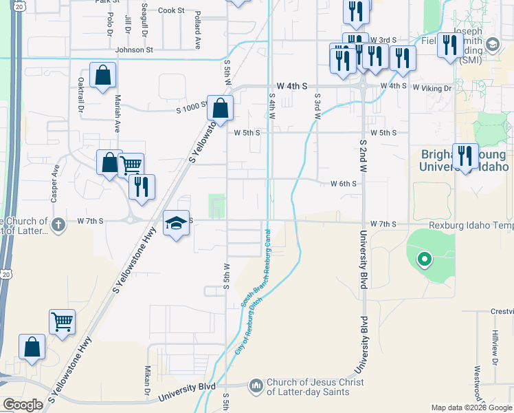 map of restaurants, bars, coffee shops, grocery stores, and more near 460 West 7th South in Rexburg
