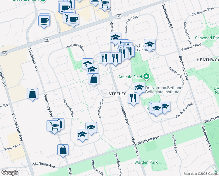 map of restaurants, bars, coffee shops, grocery stores, and more near in Toronto