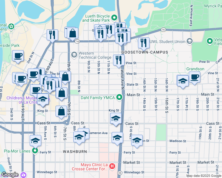 map of restaurants, bars, coffee shops, grocery stores, and more near 1113 Main Street in La Crosse