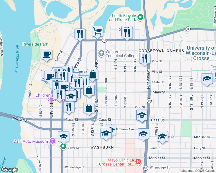 map of restaurants, bars, coffee shops, grocery stores, and more near 801 Main Street in La Crosse