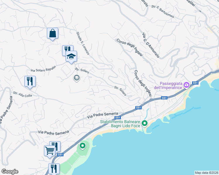 map of restaurants, bars, coffee shops, grocery stores, and more near 1 Via Franco Alfano in Sanremo