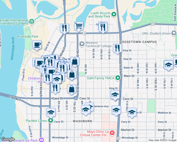 map of restaurants, bars, coffee shops, grocery stores, and more near 801 Main Street in La Crosse