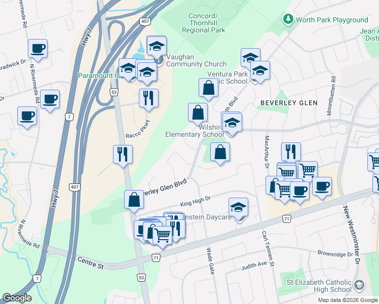 map of restaurants, bars, coffee shops, grocery stores, and more near 131 Redondo Drive in Vaughan