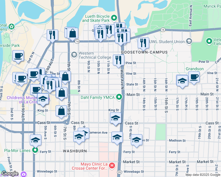 map of restaurants, bars, coffee shops, grocery stores, and more near 1113 Main Street in La Crosse