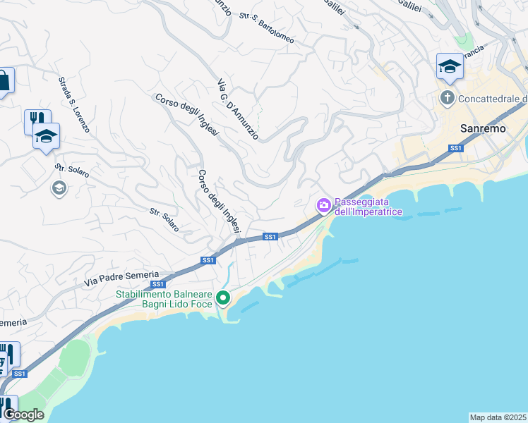 map of restaurants, bars, coffee shops, grocery stores, and more near 13 Via Hope in Sanremo