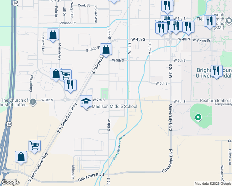 map of restaurants, bars, coffee shops, grocery stores, and more near 460 West 7th South in Rexburg