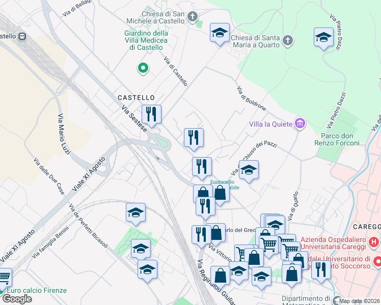map of restaurants, bars, coffee shops, grocery stores, and more near 19 Via Enrico Baroni in Firenze