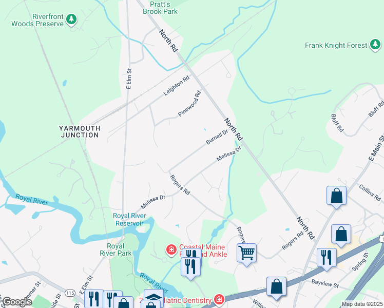 map of restaurants, bars, coffee shops, grocery stores, and more near Burnell Drive in Yarmouth