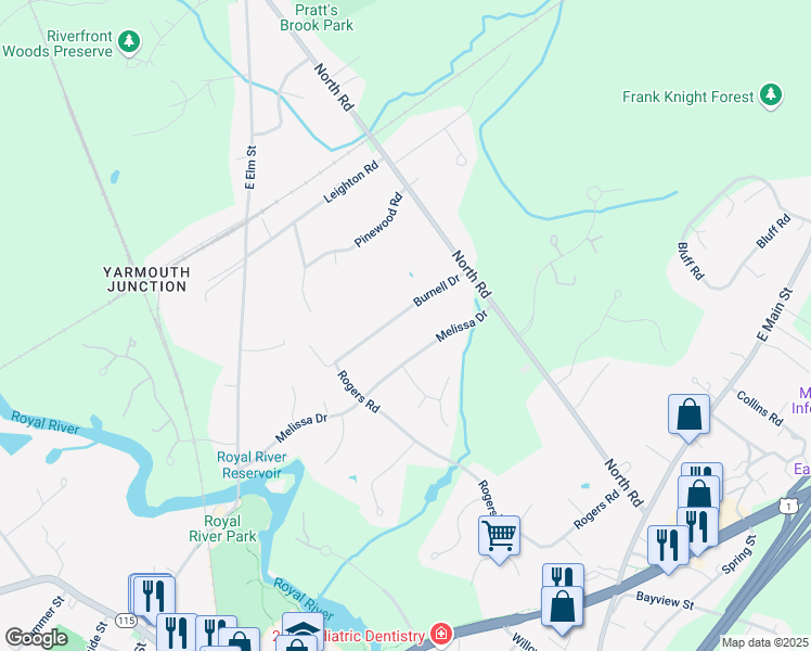 map of restaurants, bars, coffee shops, grocery stores, and more near 78 Burnell Drive in Yarmouth