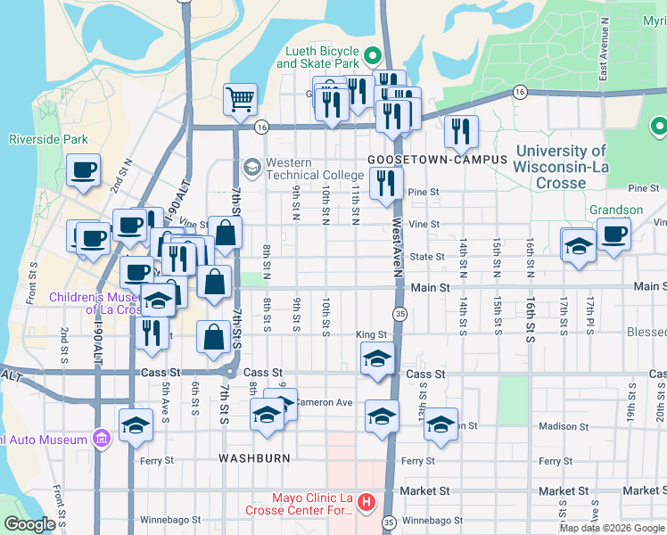map of restaurants, bars, coffee shops, grocery stores, and more near 102 10th Street North in La Crosse