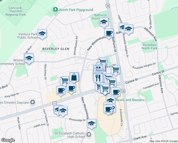 map of restaurants, bars, coffee shops, grocery stores, and more near 75 North Park Road in Vaughan