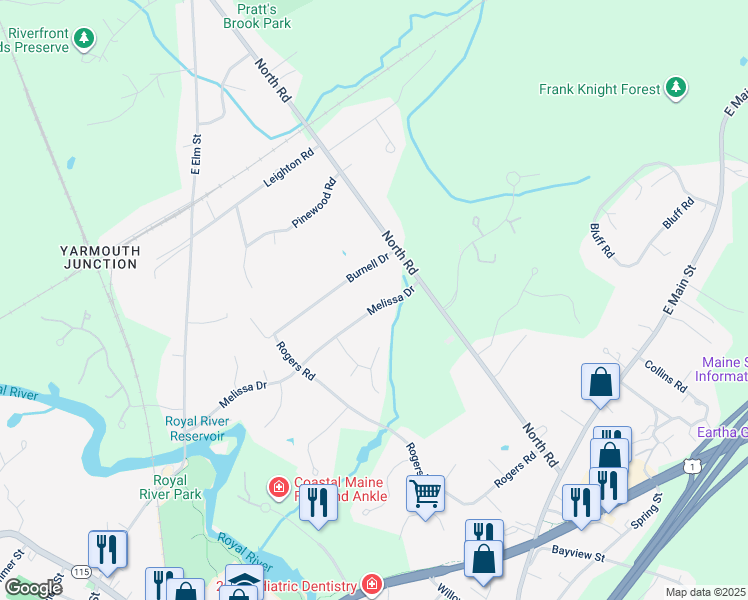 map of restaurants, bars, coffee shops, grocery stores, and more near 41 Melissa Drive in Yarmouth