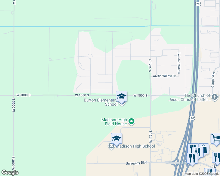 map of restaurants, bars, coffee shops, grocery stores, and more near 964-976 South 2275 West in Rexburg
