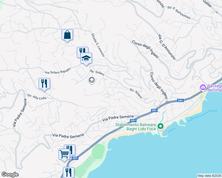 map of restaurants, bars, coffee shops, grocery stores, and more near 27 Via F. Alfano in Sanremo