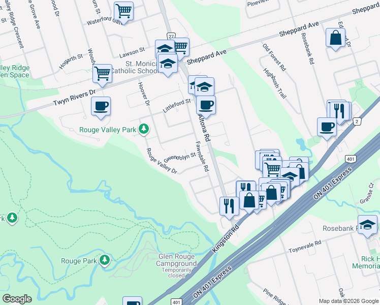 map of restaurants, bars, coffee shops, grocery stores, and more near 1101 Petunia Place in Pickering