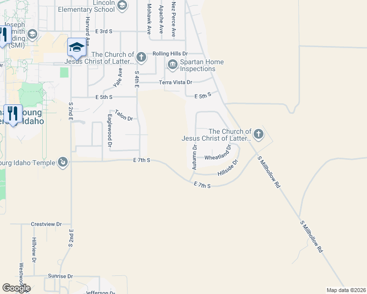 map of restaurants, bars, coffee shops, grocery stores, and more near 674 Autumn Drive in Rexburg