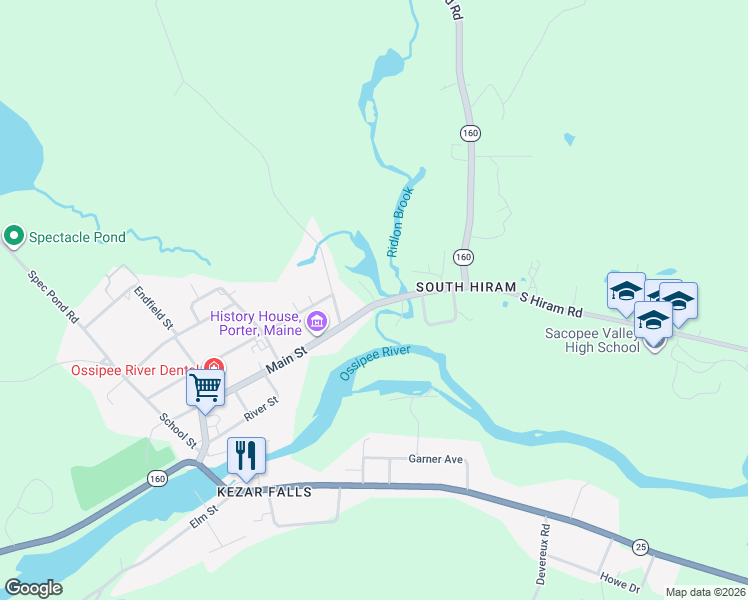 map of restaurants, bars, coffee shops, grocery stores, and more near 111 Main Street in Porter