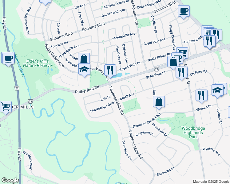 map of restaurants, bars, coffee shops, grocery stores, and more near 707 Vaughan Mills Road in Vaughan