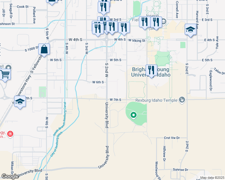 map of restaurants, bars, coffee shops, grocery stores, and more near 649 South 2nd West in Rexburg