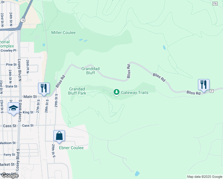 map of restaurants, bars, coffee shops, grocery stores, and more near 4099 Grandad Bluff Road in La Crosse