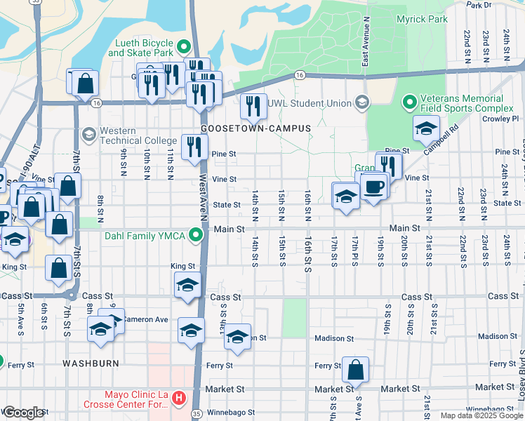 map of restaurants, bars, coffee shops, grocery stores, and more near 1333 Main Street in La Crosse