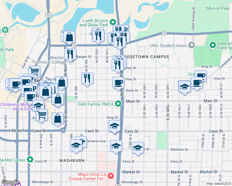 map of restaurants, bars, coffee shops, grocery stores, and more near 1113 Main Street in La Crosse