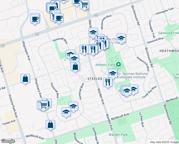 map of restaurants, bars, coffee shops, grocery stores, and more near 175 Bamburgh Circle in Toronto