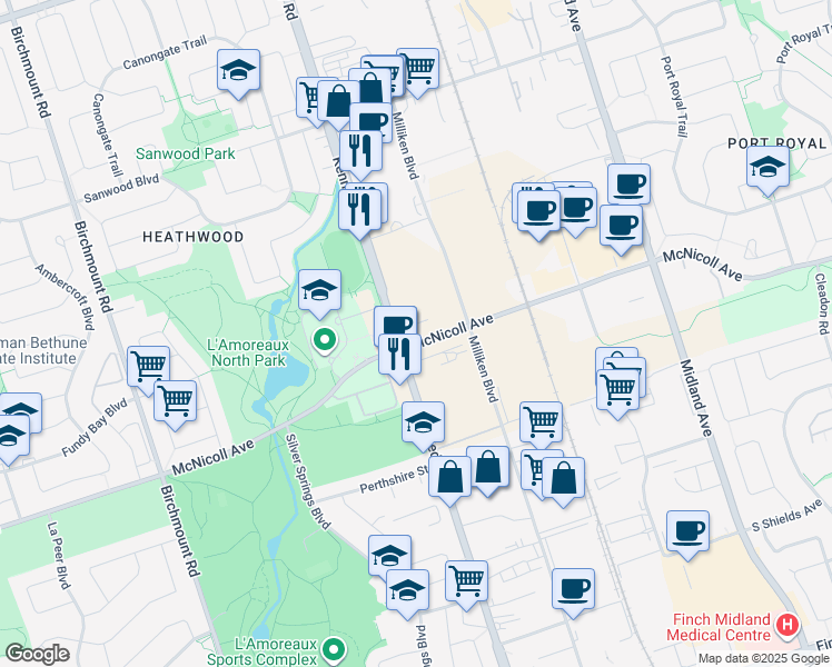 map of restaurants, bars, coffee shops, grocery stores, and more near 2020 McNicoll Avenue in Toronto