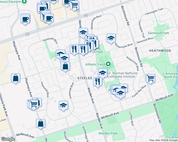 map of restaurants, bars, coffee shops, grocery stores, and more near 7647 Warden Avenue in Toronto