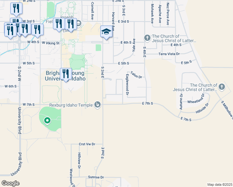 map of restaurants, bars, coffee shops, grocery stores, and more near 291 East 7th South in Rexburg