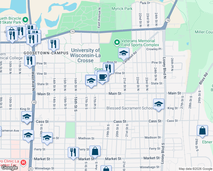 map of restaurants, bars, coffee shops, grocery stores, and more near 103 19th Street North in La Crosse