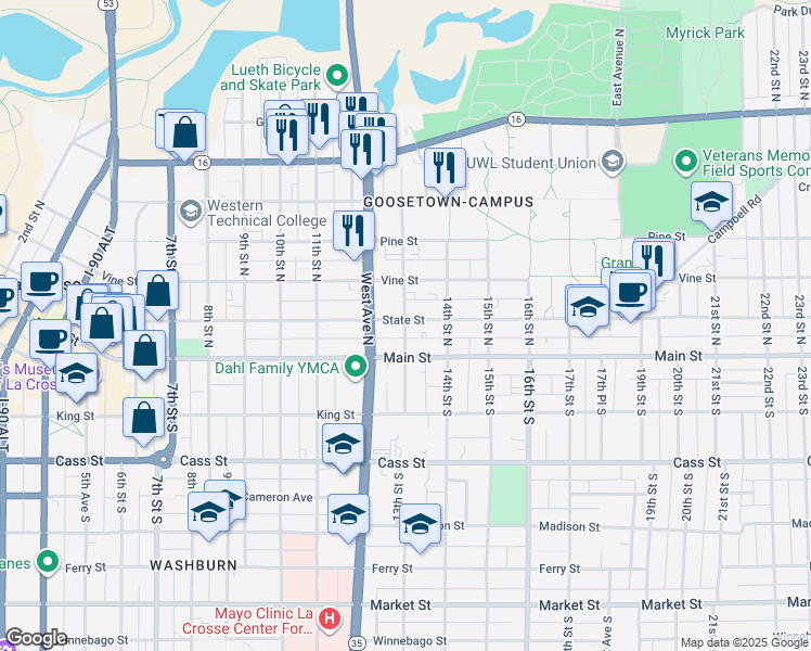 map of restaurants, bars, coffee shops, grocery stores, and more near 111 13th Street North in La Crosse