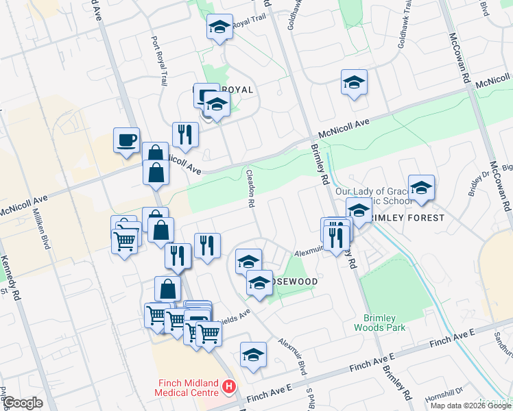 map of restaurants, bars, coffee shops, grocery stores, and more near 37 Cleadon Road in Toronto