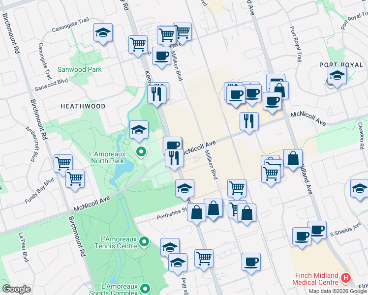 map of restaurants, bars, coffee shops, grocery stores, and more near 2020 McNicoll Avenue in Toronto