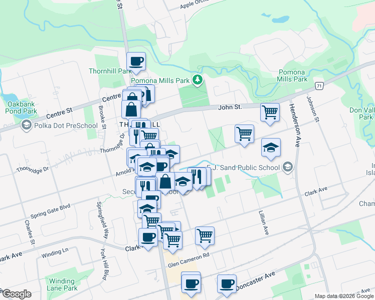 map of restaurants, bars, coffee shops, grocery stores, and more near 21 Alcaine Court in Markham