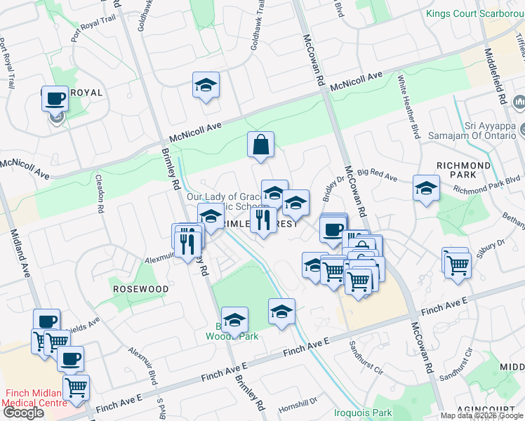 map of restaurants, bars, coffee shops, grocery stores, and more near 99 Brimwood Boulevard in Toronto