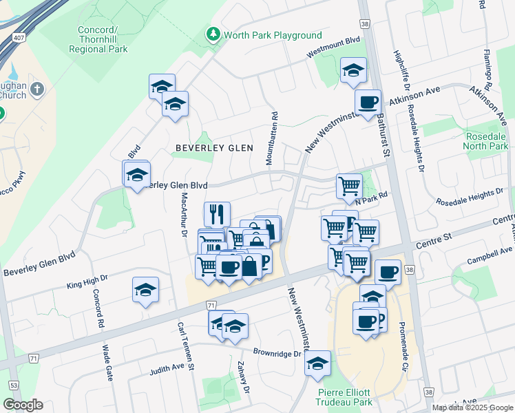 map of restaurants, bars, coffee shops, grocery stores, and more near 157 Oakhurst Drive in Vaughan