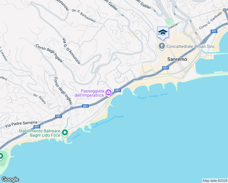 map of restaurants, bars, coffee shops, grocery stores, and more near 2729 Pista Ciclabile del Parco Costiero della Riviera dei Fiori in Sanremo