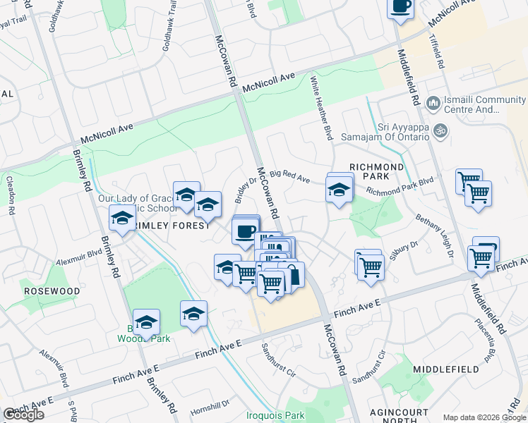 map of restaurants, bars, coffee shops, grocery stores, and more near in Toronto