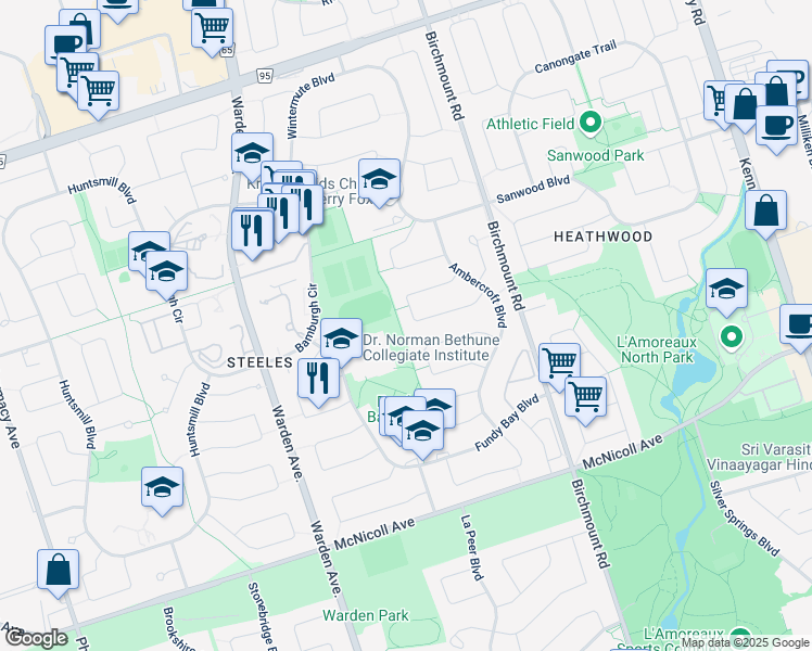 map of restaurants, bars, coffee shops, grocery stores, and more near 40 Elmartin Drive in Toronto