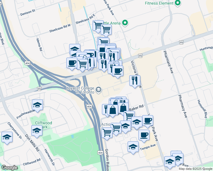 map of restaurants, bars, coffee shops, grocery stores, and more near in Toronto